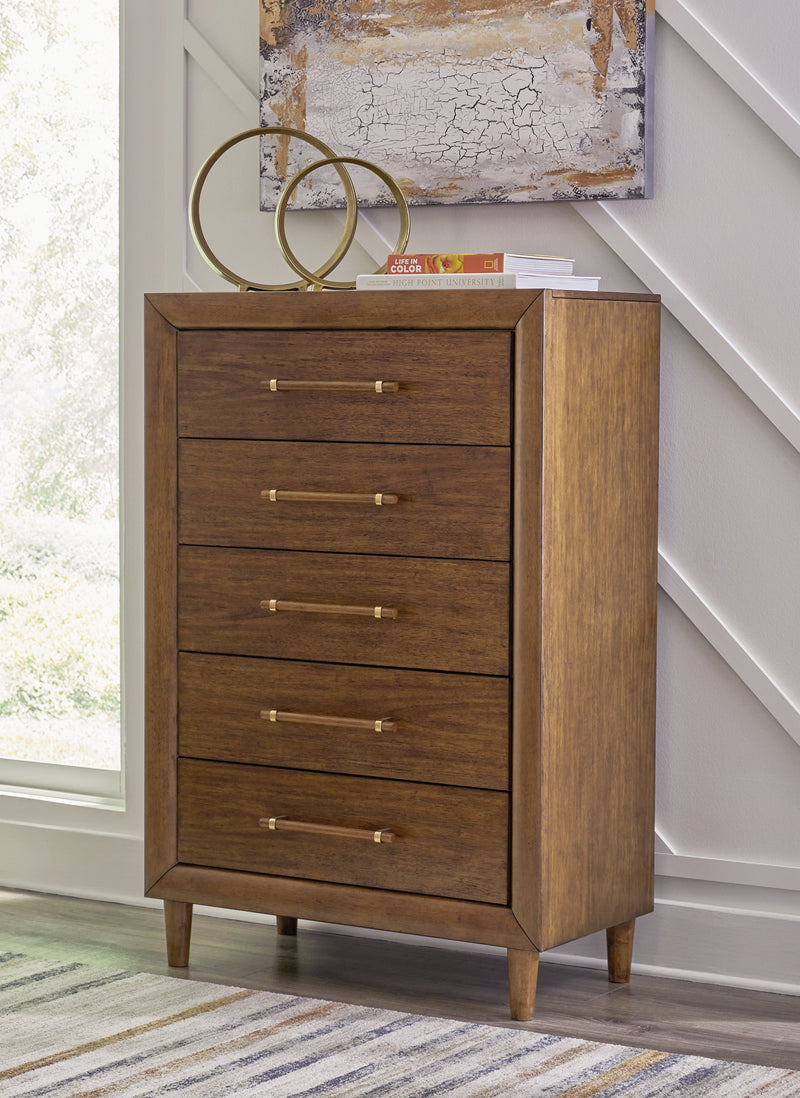 Lyncott Queen Upholstered Bed with Mirrored Dresser and Chest in Brown from Ashley - Lara Furniture
