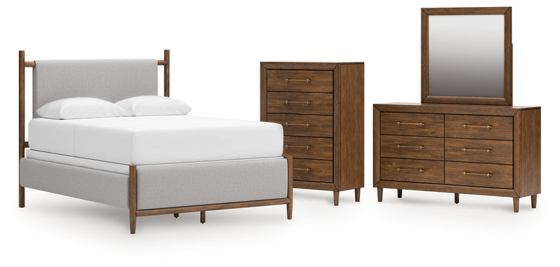 Lyncott Queen Upholstered Bed with Mirrored Dresser and Chest in Brown from Ashley - Lara Furniture