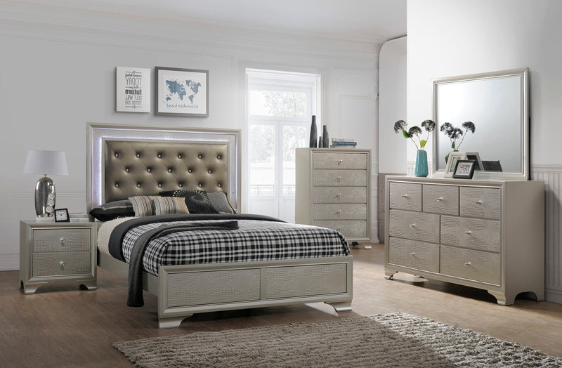 Lyssa Champagne Queen LED Upholstered Panel Bed - Lara FurnitureQueen Bed