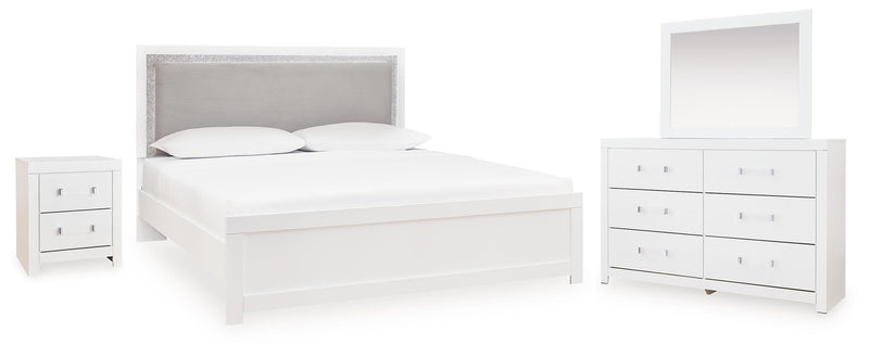 Maeling Queen Upholstered Panel Bed, Dresser, Mirror and Nightstand - PCB1119B10