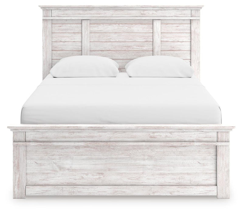 Makidern Whitewash Queen Panel Bed with Storage, Dresser and Mirror - PCB1171B6