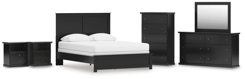 Maribel Black Queen Panel Bed, Dresser, Mirror, Chest and 2 Nightstands - B138B76
