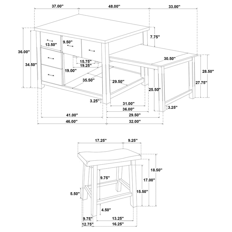 Mayfair 3-piece Kitchen Island with Extension Table Dark Oak - 182446