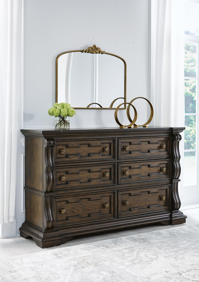 Maylee California King Canopy Bed, Dresser and Nightstand in Dark Brown - PKG022435