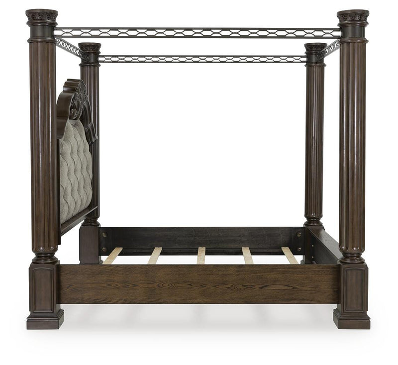 Maylee California King Canopy Bed, Dresser, Mirror, Chest and 2 Nightstands in Dark Brown - PKG022430