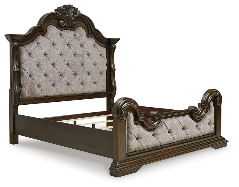 Maylee California King Upholstered Bed, Dresser, Mirror and 2 Nightstands in Dark Brown - PKG017055