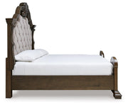 Maylee California King Upholstered Bed, Dresser, Mirror, Chest and Nightstand in Dark Brown - PKG017059