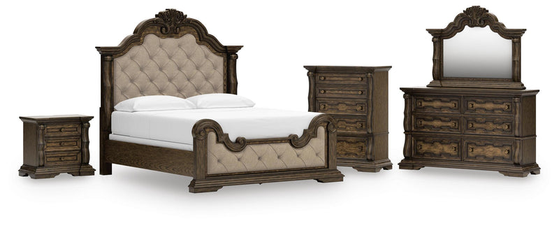 Maylee California King Upholstered Bed, Dresser, Mirror, Chest and Nightstand in Dark Brown - PKG017059