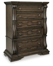 Maylee California King Upholstered Bed, Dresser, Mirror, Chest and Nightstand in Dark Brown - PKG017059