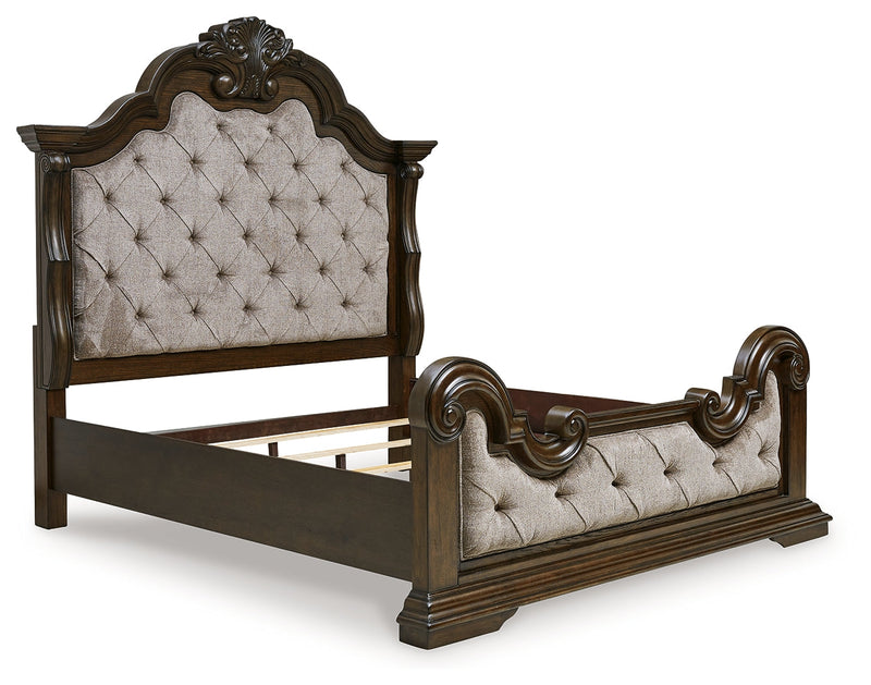 Maylee California King Upholstered Bed with Dresser and Nightstand in Dark Brown from Ashley - Lara Furniture