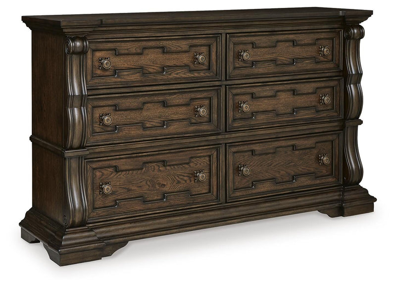 Maylee Dark Brown King Upholstered Bed, Dresser and 2 Nightstands - B947B14