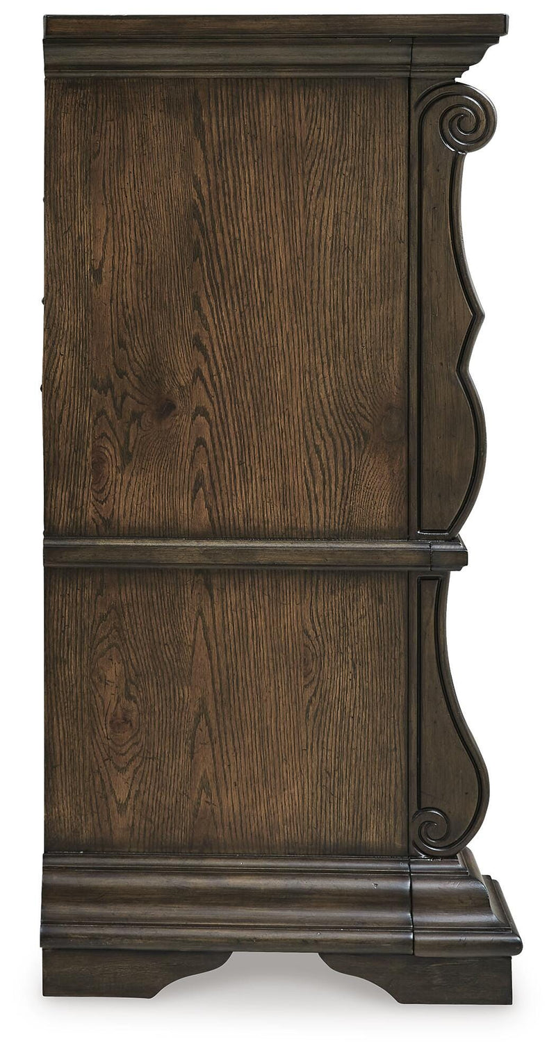 Maylee Dark Brown King Upholstered Bed, Dresser and 2 Nightstands - B947B14