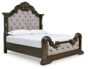 Maylee Dark Brown King Upholstered Bed, Dresser and 2 Nightstands - B947B14