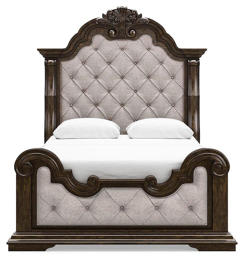 Maylee Dark Brown Queen Upholstered Bed, Dresser, Chest and Nightstand - B947B12