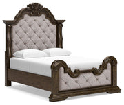 Maylee Dark Brown Queen Upholstered Bed, Dresser, Chest and Nightstand - B947B12
