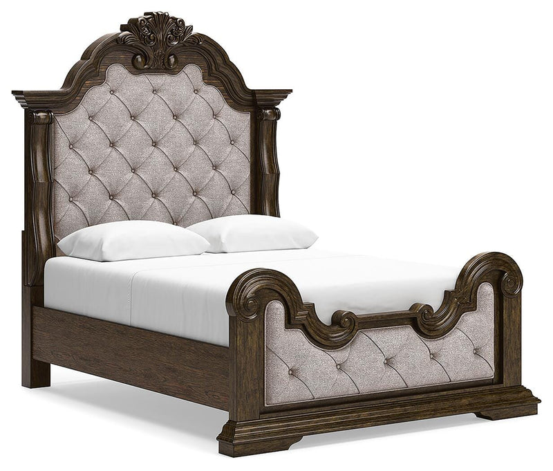 Maylee Dark Brown Queen Upholstered Bed, Dresser, Chest and Nightstand - B947B12
