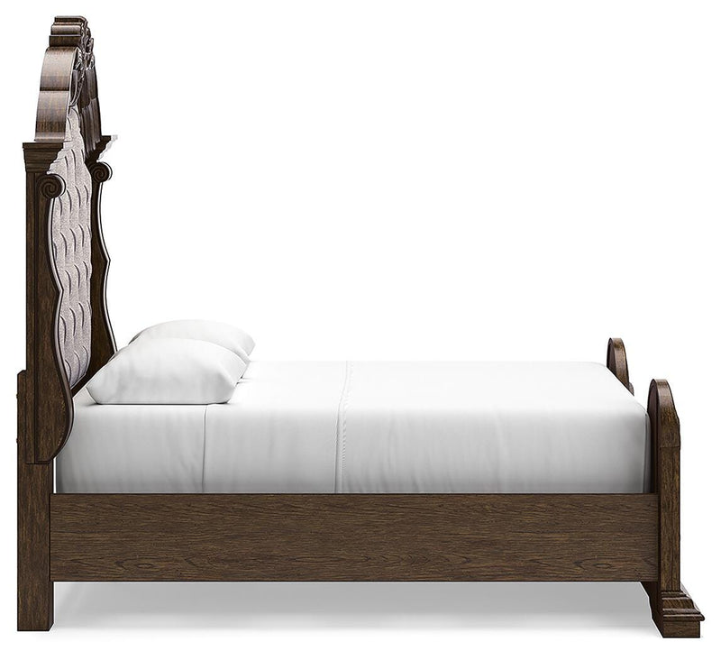 Maylee Dark Brown Queen Upholstered Bed, Dresser, Chest and Nightstand - B947B12