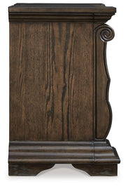 Maylee Dark Brown Queen Upholstered Bed, Dresser, Chest and Nightstand - B947B12