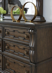 Maylee Dark Brown Queen Upholstered Bed, Dresser, Chest and Nightstand - B947B12