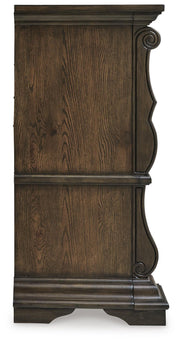 Maylee Dark Brown Queen Upholstered Bed, Dresser, Chest and Nightstand - B947B12