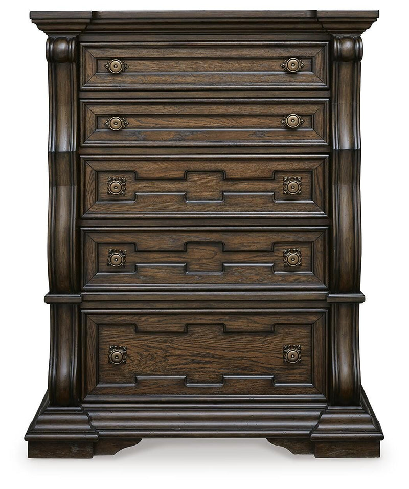 Maylee Dark Brown Queen Upholstered Bed, Dresser, Chest and Nightstand - B947B12