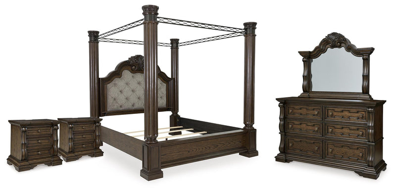 Maylee King Canopy Bed, Dresser, Mirror and 2 Nightstands in Dark Brown - PKG022421
