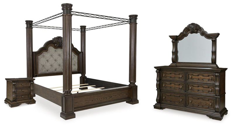 Maylee King Canopy Bed, Dresser, Mirror and Nightstand in Dark Brown - PKG022423