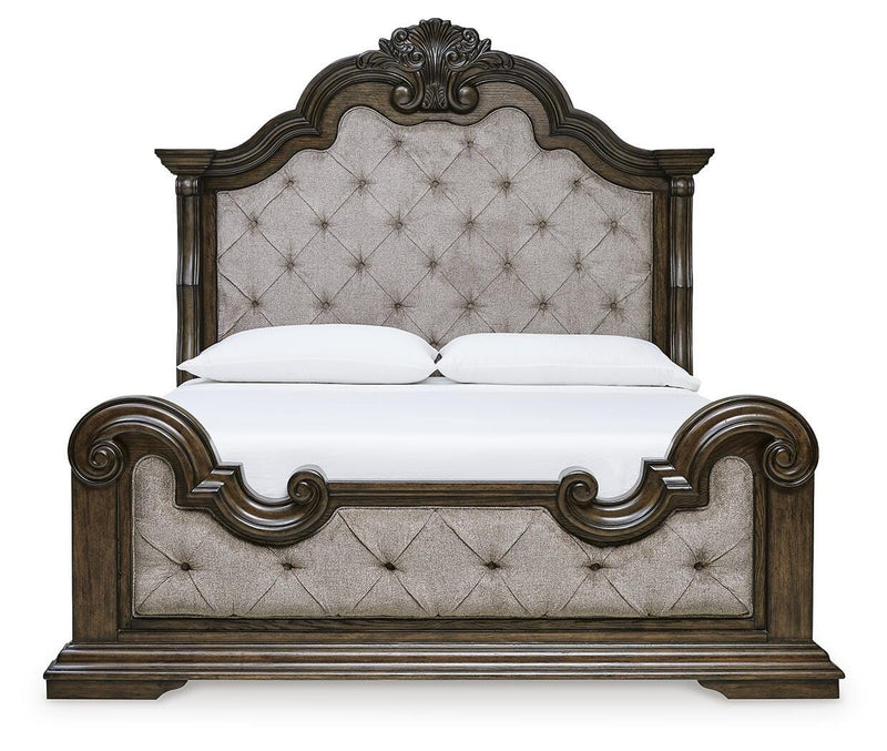 Maylee King Upholstered Bed, Dresser, Mirror and Chest in Dark Brown - PKG017049