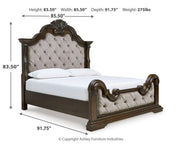 Maylee King Upholstered Bed, Dresser, Mirror and Chest in Dark Brown - PKG017049