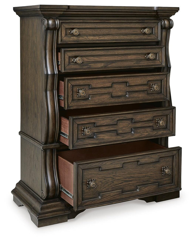 Maylee King Upholstered Bed, Dresser, Mirror and Chest in Dark Brown - PKG017049