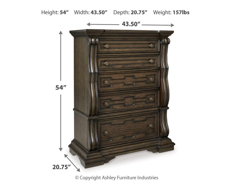 Maylee King Upholstered Bed, Dresser, Mirror and Chest in Dark Brown - PKG017049