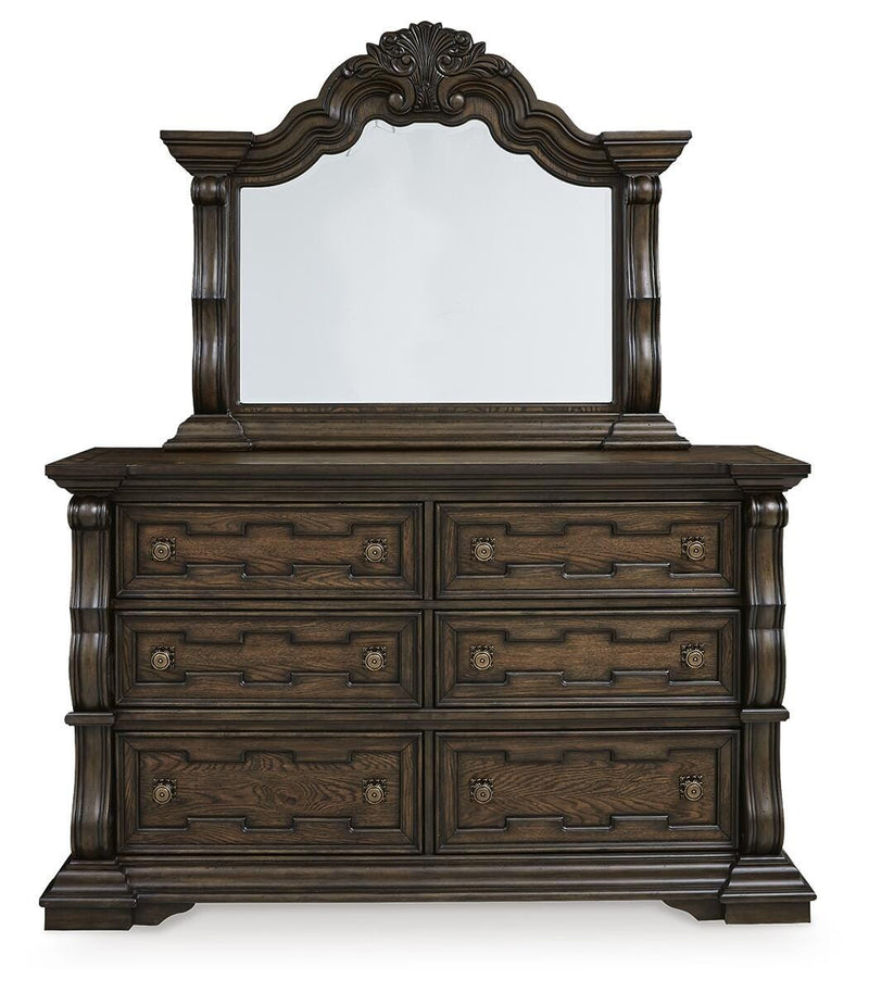 Maylee King Upholstered Bed, Dresser, Mirror, Chest and Nightstand in Dark Brown - PKG017050