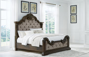 Maylee King Upholstered Bed, Dresser, Mirror, Chest and Nightstand in Dark Brown - PKG017050