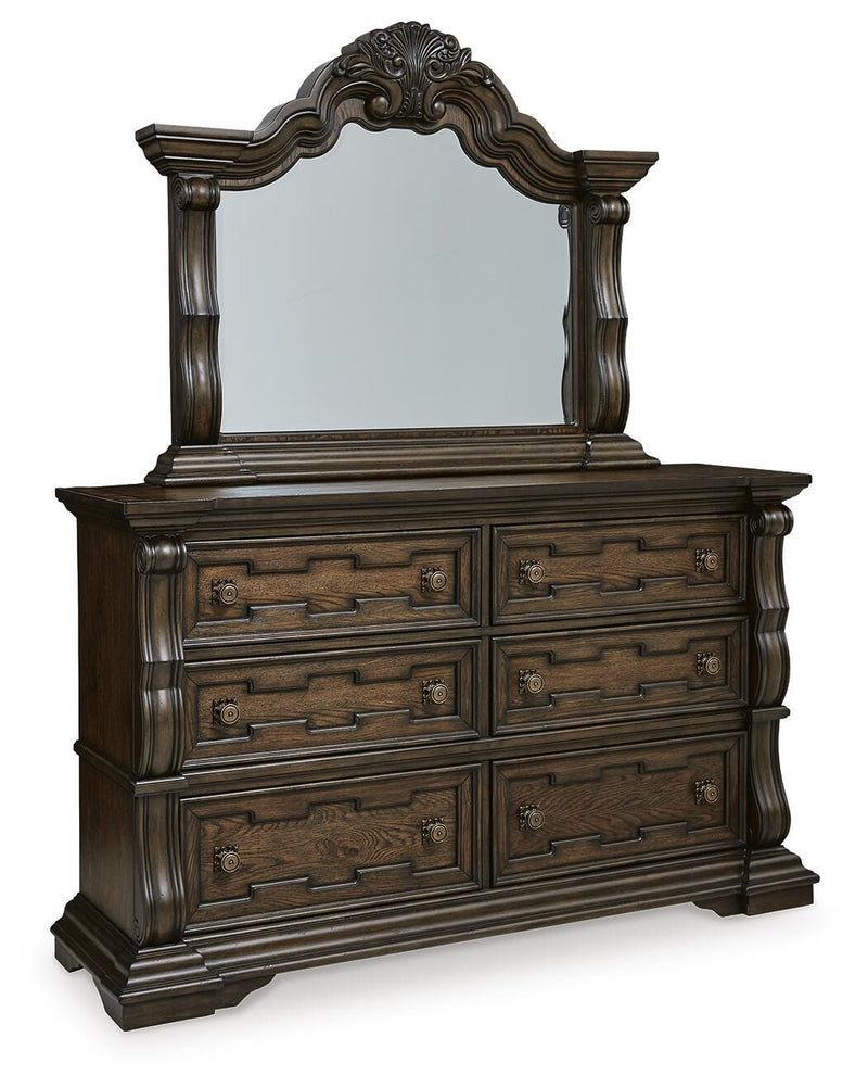 Maylee King Upholstered Bed, Dresser, Mirror, Chest and Nightstand in Dark Brown - PKG017050