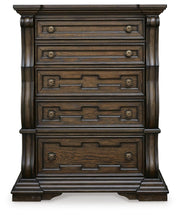 Maylee King Upholstered Bed, Dresser, Mirror, Chest and Nightstand in Dark Brown - PKG017050