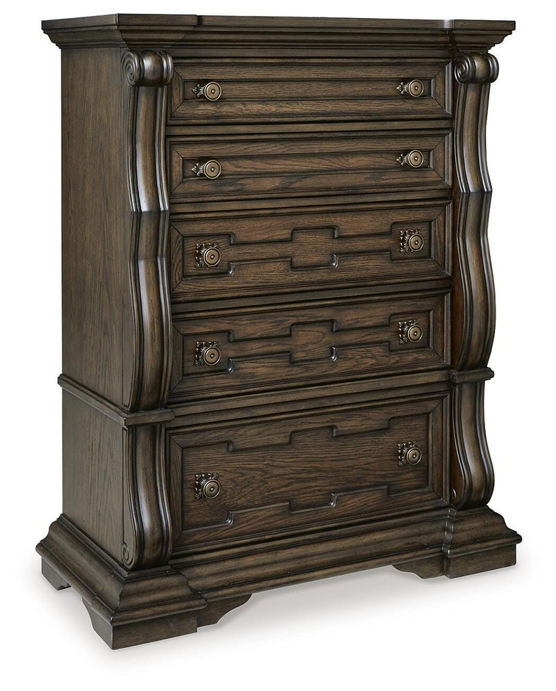 Maylee King Upholstered Bed, Dresser, Mirror, Chest and Nightstand in Dark Brown - PKG017050