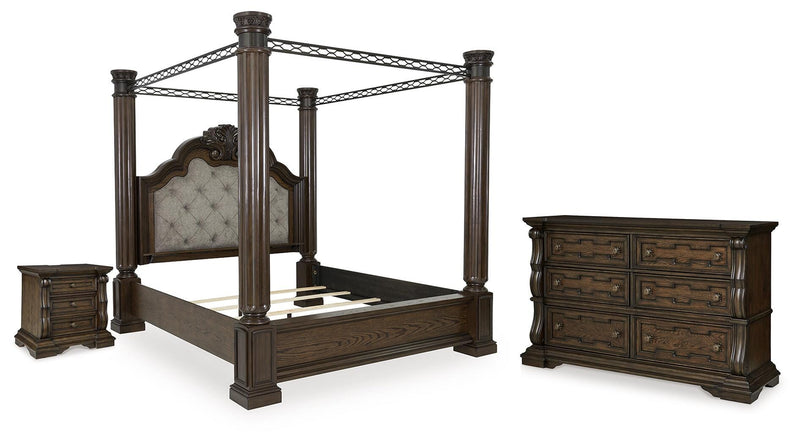 Maylee Queen Canopy Bed, Dresser and Nightstand in Dark Brown - PKG022443