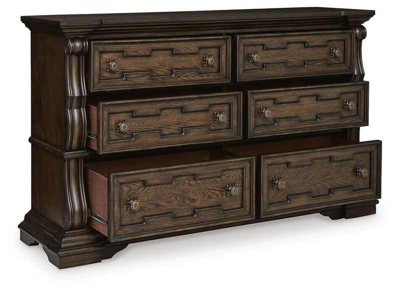 Maylee Queen Canopy Bed, Dresser and Nightstand in Dark Brown - PKG022443