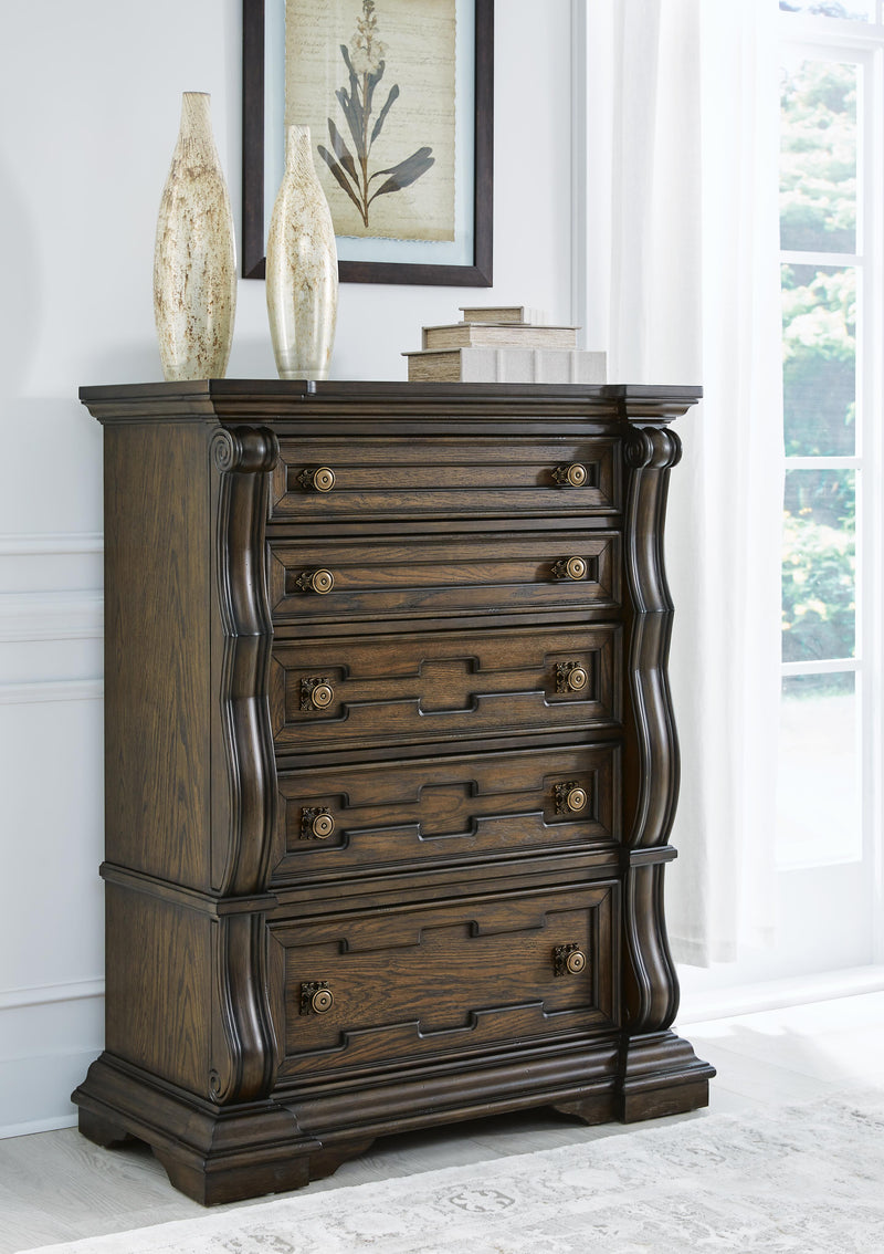 Maylee Queen Canopy Bed, Dresser, Mirror and Chest in Dark Brown - PKG022440