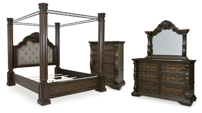 Maylee Queen Canopy Bed, Dresser, Mirror and Chest in Dark Brown - PKG022440