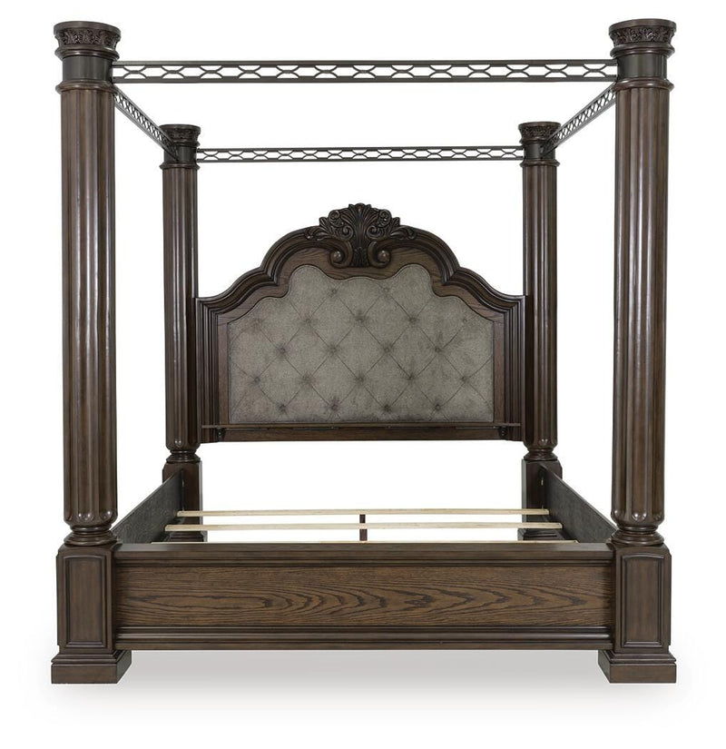 Maylee Queen Canopy Bed, Dresser, Mirror and Nightstand in Dark Brown - PKG022439