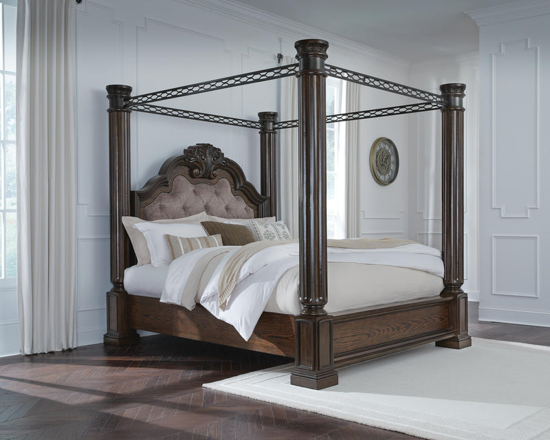 Maylee Queen Canopy Bed, Dresser, Mirror and Nightstand in Dark Brown - PKG022439