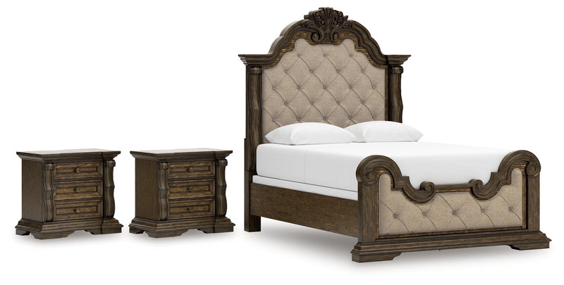 Maylee Queen Upholstered Bed with 2 Nightstands in Dark Brown - PKG017035