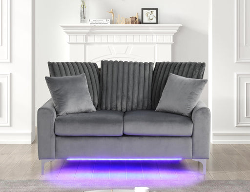 Melina - Gray Fabric Loveseat, Channel Tufted back Pillow, Chromee Legs, LED Light - L421-L