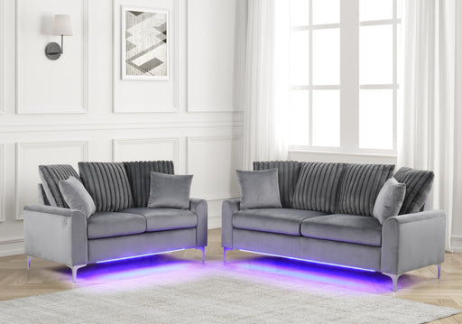 Melina - Gray Fabric Sofa and Loveseat, Channel Tufted back Pillow, Chromee Legs, LED Light - L421-SL
