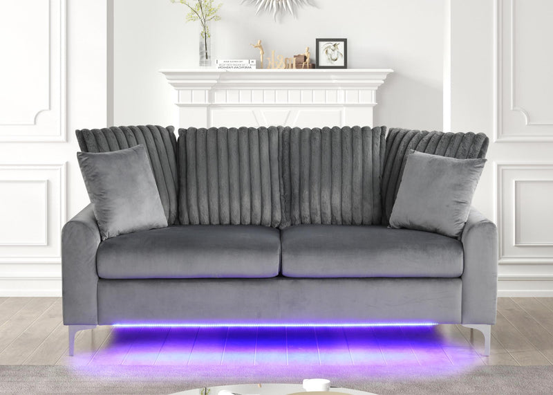 Melina - Gray Fabric Sofa, Channel Tufted back Pillow, Chromee Legs, LED Light - L421-S