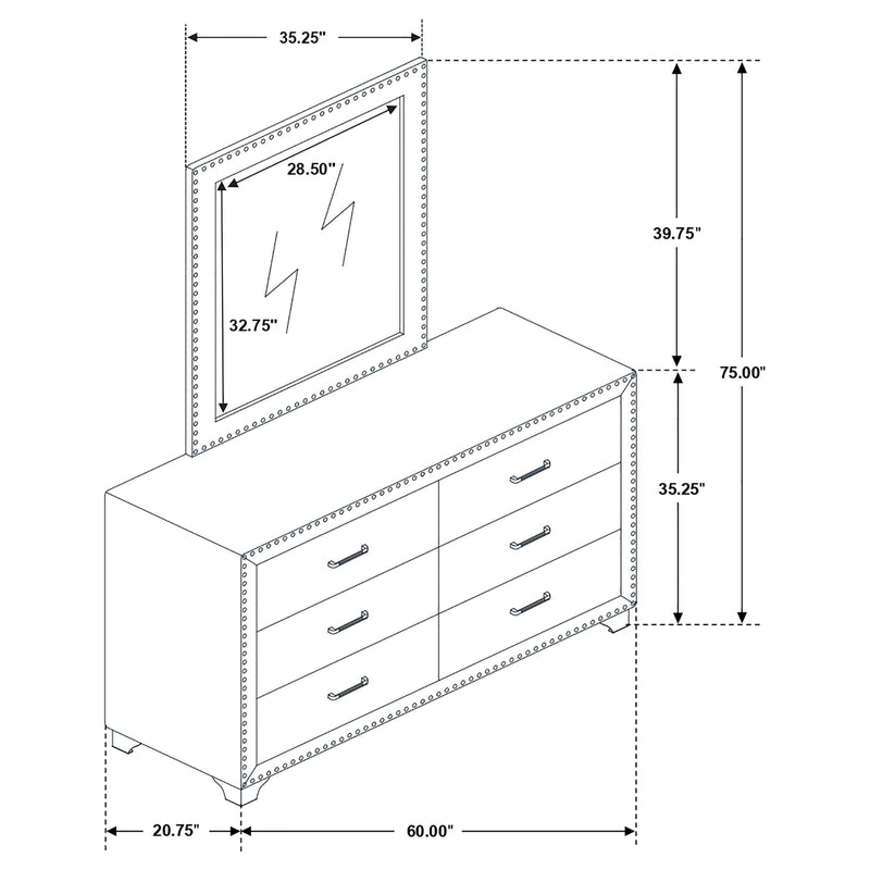 Melody 6-drawer Upholstered Dresser with Mirror Grey - 223383M