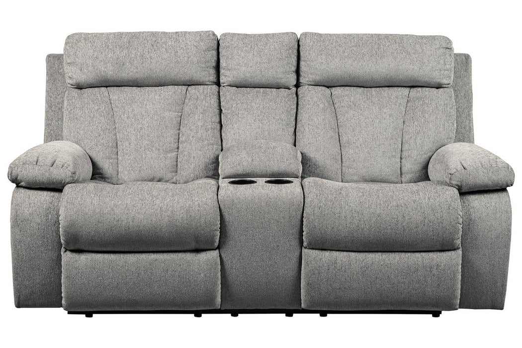 Mitchiner Fog Reclining Loveseat with Console - Gate FurnitureLoveseat