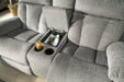 Mitchiner Fog Reclining Loveseat with Console - Gate FurnitureLoveseat