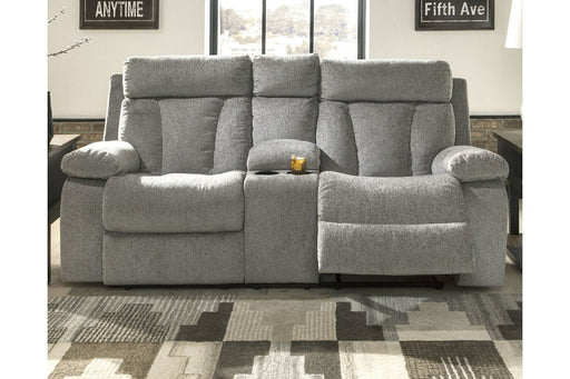 Mitchiner Fog Reclining Loveseat with Console - Gate FurnitureLoveseat